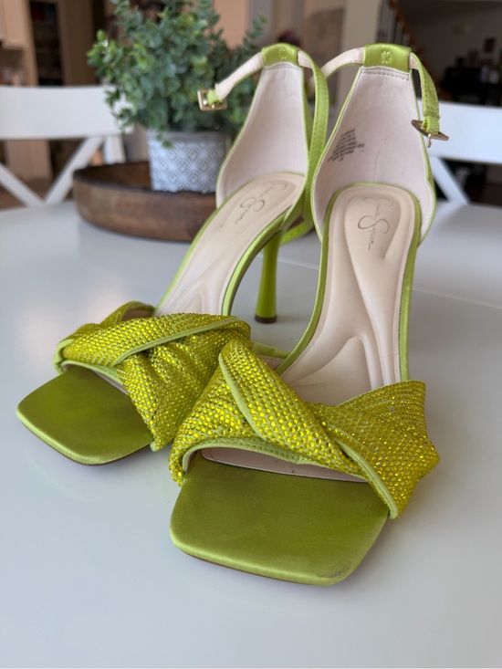 Jessica Simpson Shoes - Jessica Simpson Lime Green Crystal Knot Stiletto Sandals